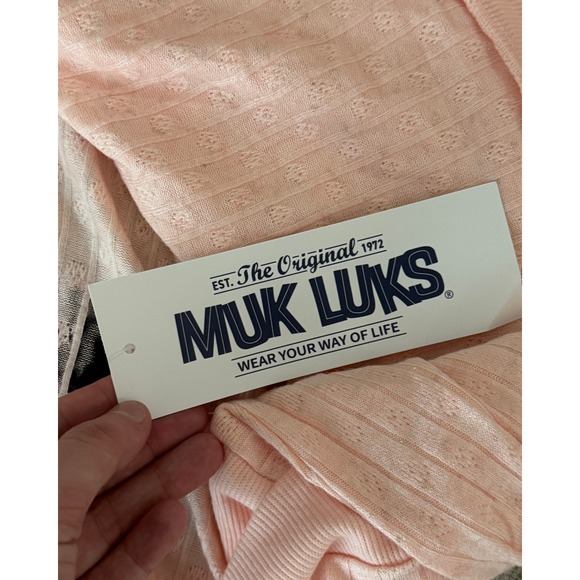 Muk Luks Women 1X Soft Peach Pointelle Knit Quarter Zip Pullover Shimmer Sweater - Picture 9 of 15